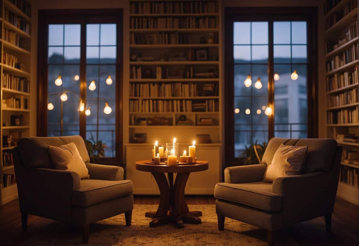 A cozy setting with two chairs facing each other, surrounded by soft candlelight and a warm ambiance, with a bookshelf filled with love stories in the background