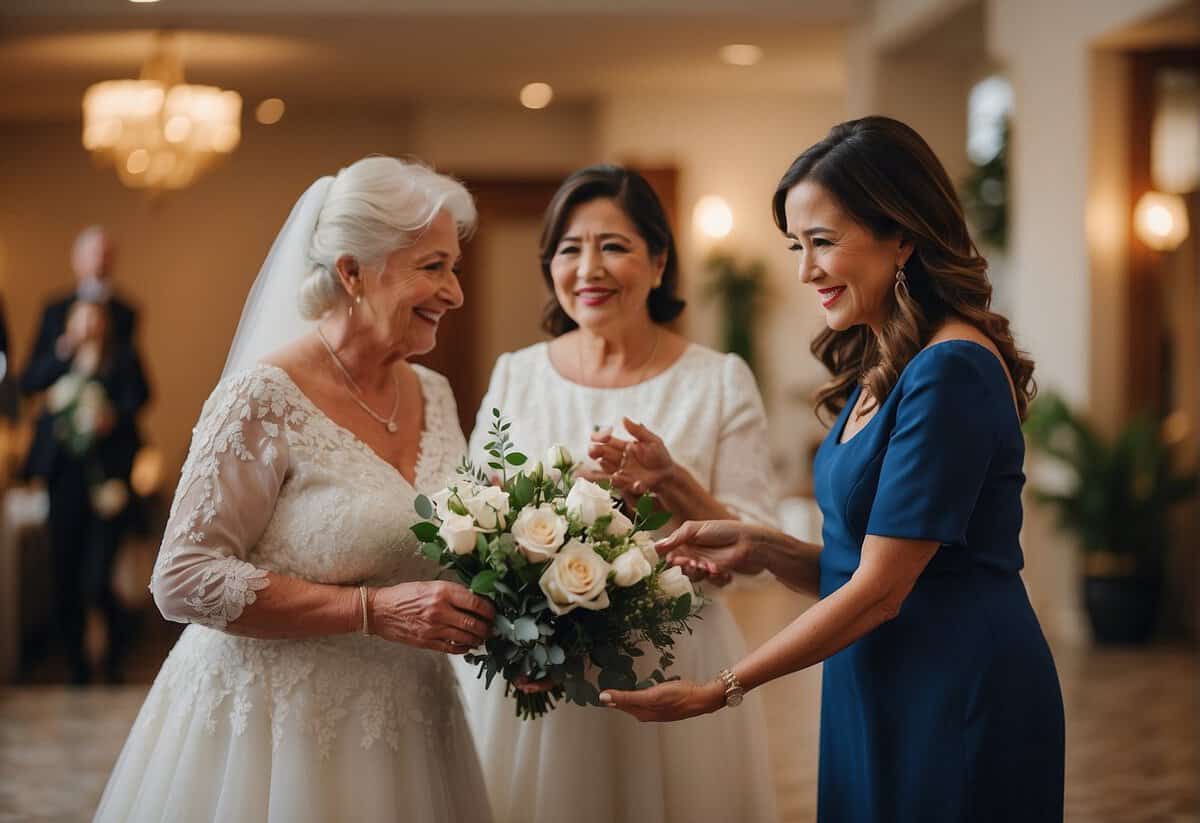 Groom's mother presents a gift to bride's mother during wedding planning