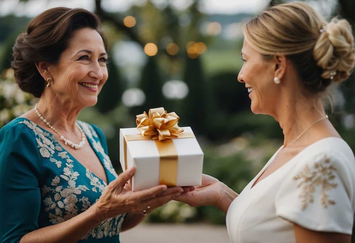 Groom's mother presents a wrapped gift to bride's mother