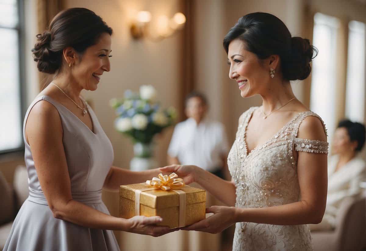 The groom's mother presents a gift to the bride's mother, symbolizing the union of their families