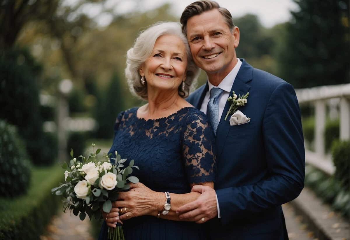 The groom's mother wears a deep navy blue dress with delicate lace detailing