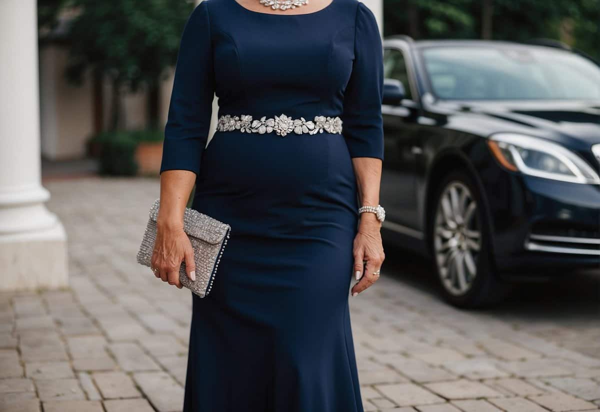 The groom's mother wears a deep navy blue dress with silver accessories, including a matching clutch and elegant jewelry