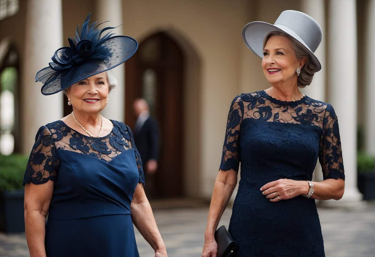 The groom's mother wears a deep navy blue dress with elegant lace detailing, complemented by a matching fascinator and silver accessories