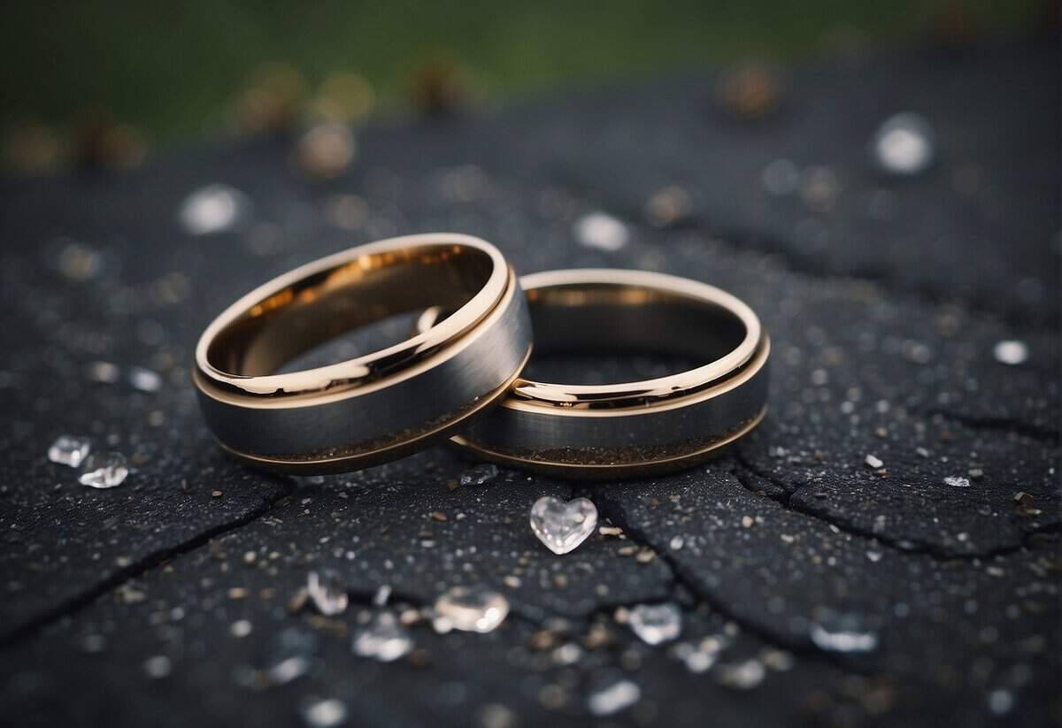 Two broken wedding rings lying on the ground. A dark cloud above symbolizing uncertainty