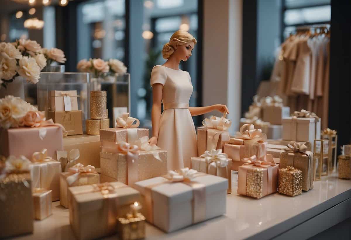 A figure selects gifts for bridesmaids from a display of elegant items in a boutique