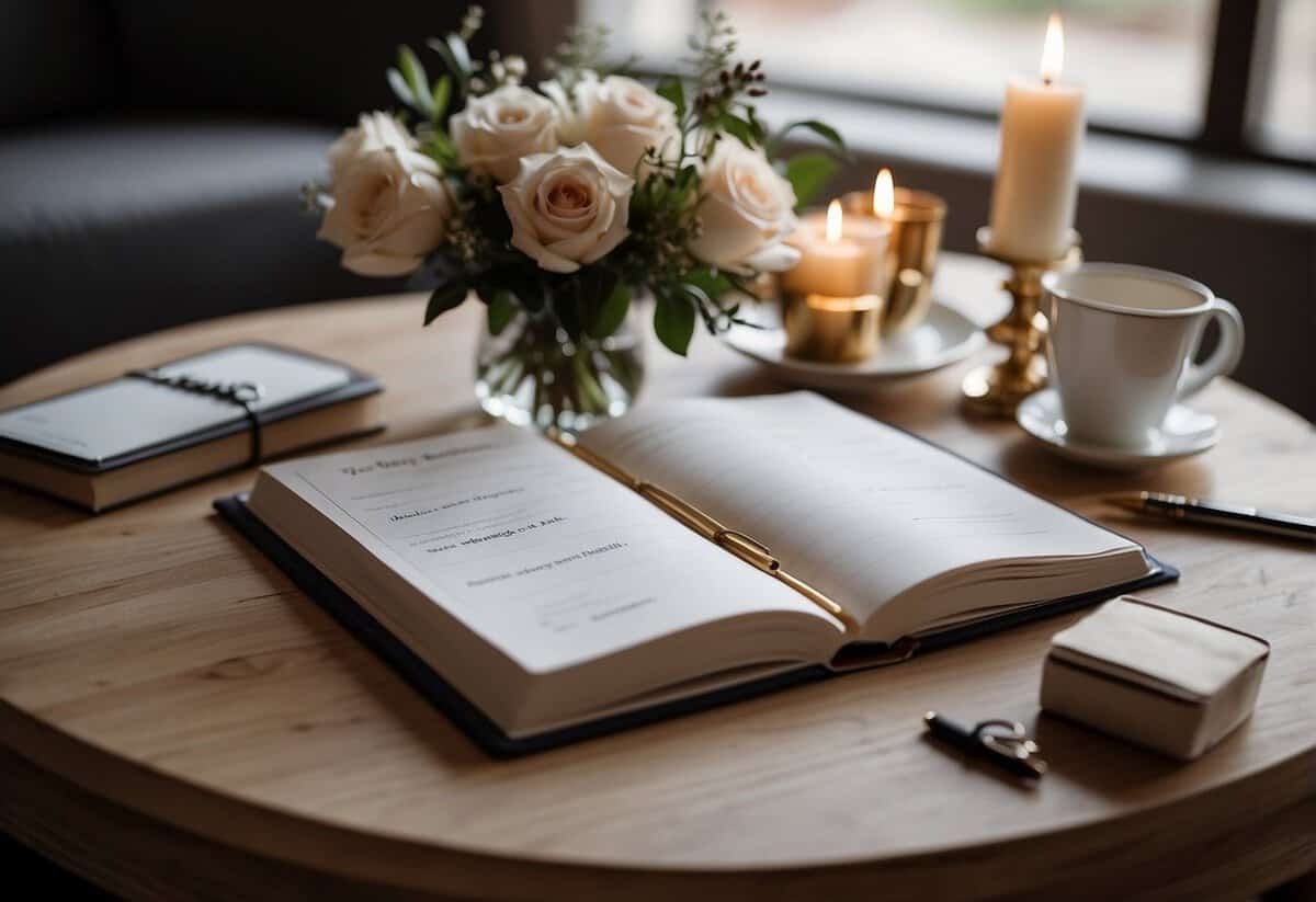A table with a wedding planner book, calendar, and checklist. A laptop open to a wedding planning website. A pen and notepad for jotting down ideas
