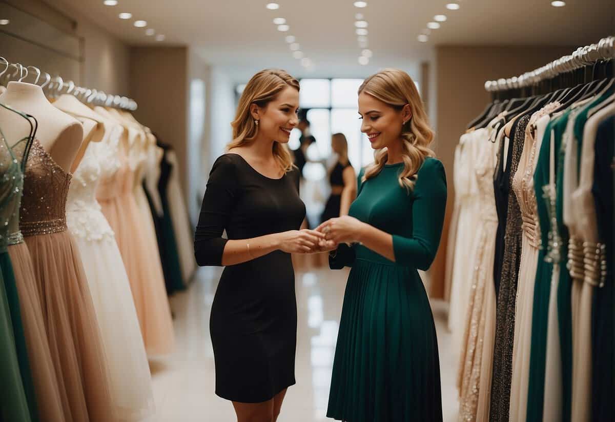 A woman at a boutique, selecting a dress, while a salesperson shows her different options