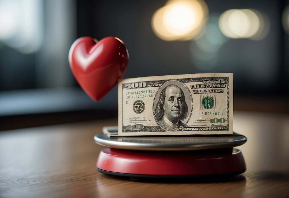 A heart and a stack of money on opposite ends of a scale
