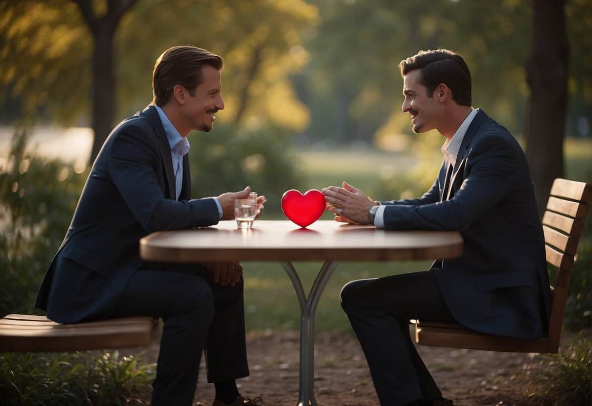 A couple sits at a table, discussing their future. A heart and a dollar sign float above them, symbolizing the debate between love and money in marriage