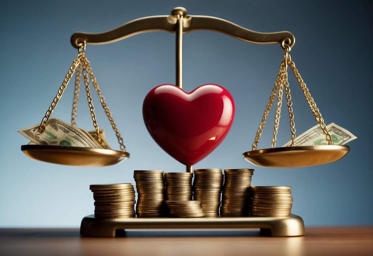 A heart and a stack of money sit on opposite sides of a scale, symbolizing the choice between marrying for love or money