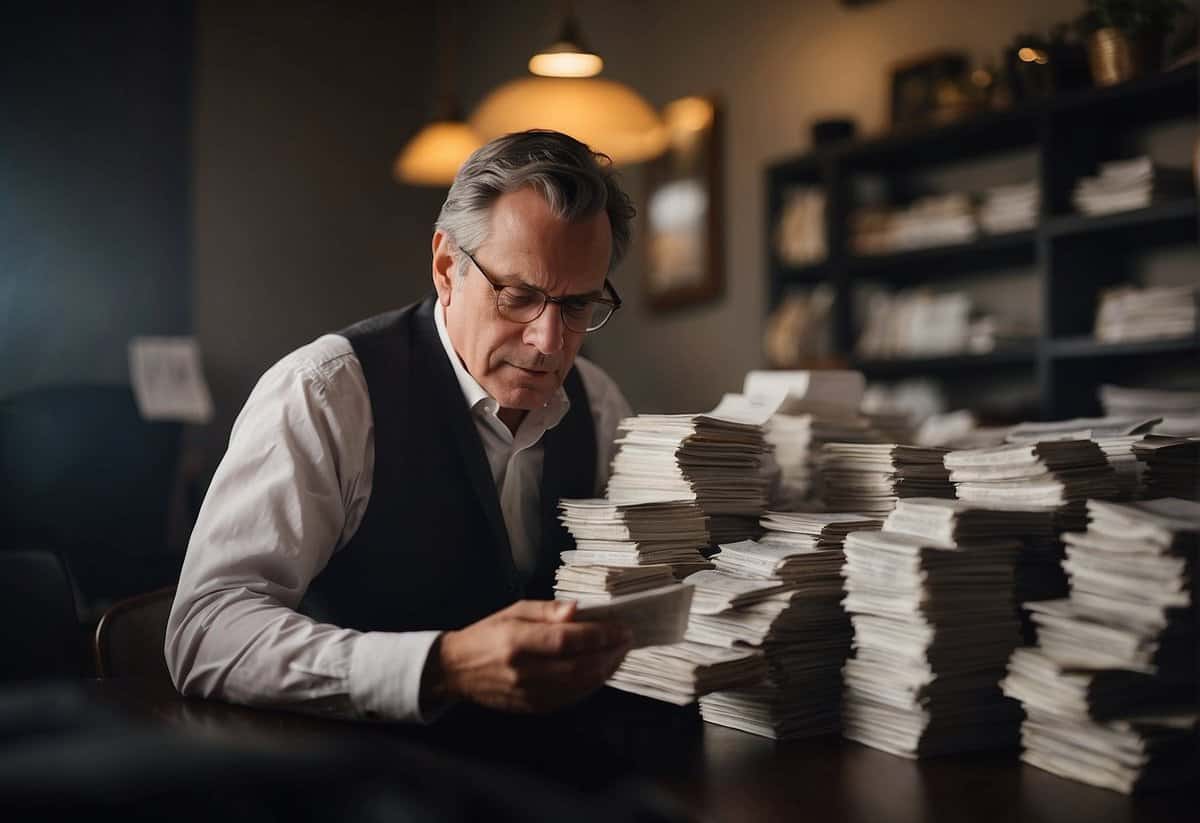 A father ponders over a stack of bills, contemplating how much to give his daughter for her wedding
