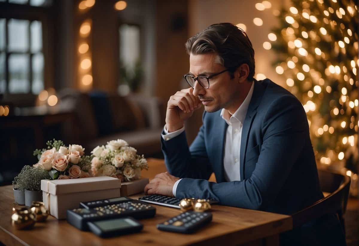 A figure pondering, surrounded by wedding-related items and a calculator, contemplating the appropriate amount to gift for their daughter's wedding