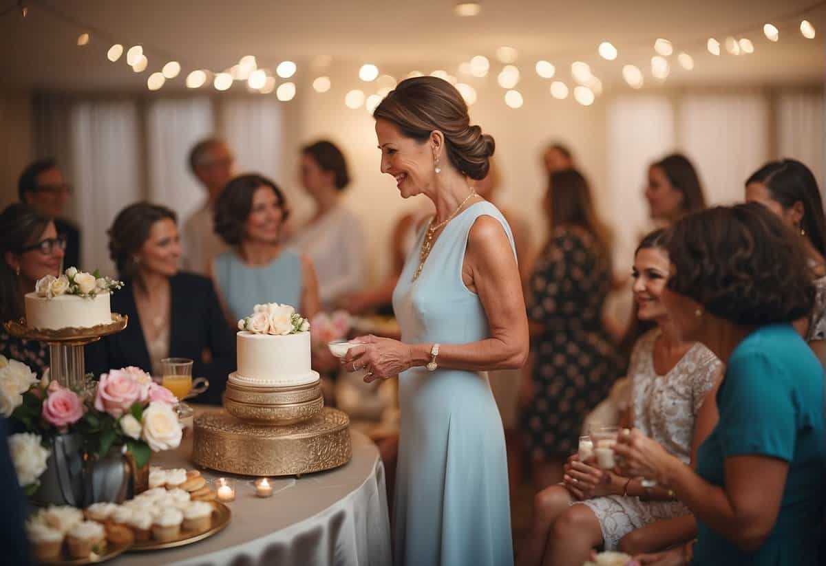 The mother of the bride holds a bridal shower, surrounded by friends and family, with gifts and decorations reflecting tradition and expectations