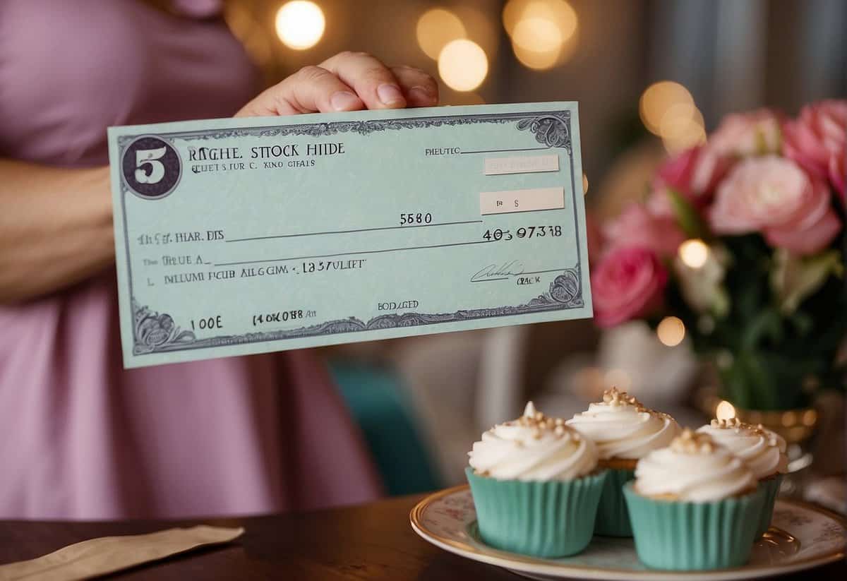 The mother of the bride writes a check for the bridal shower expenses, including venue, decorations, and catering