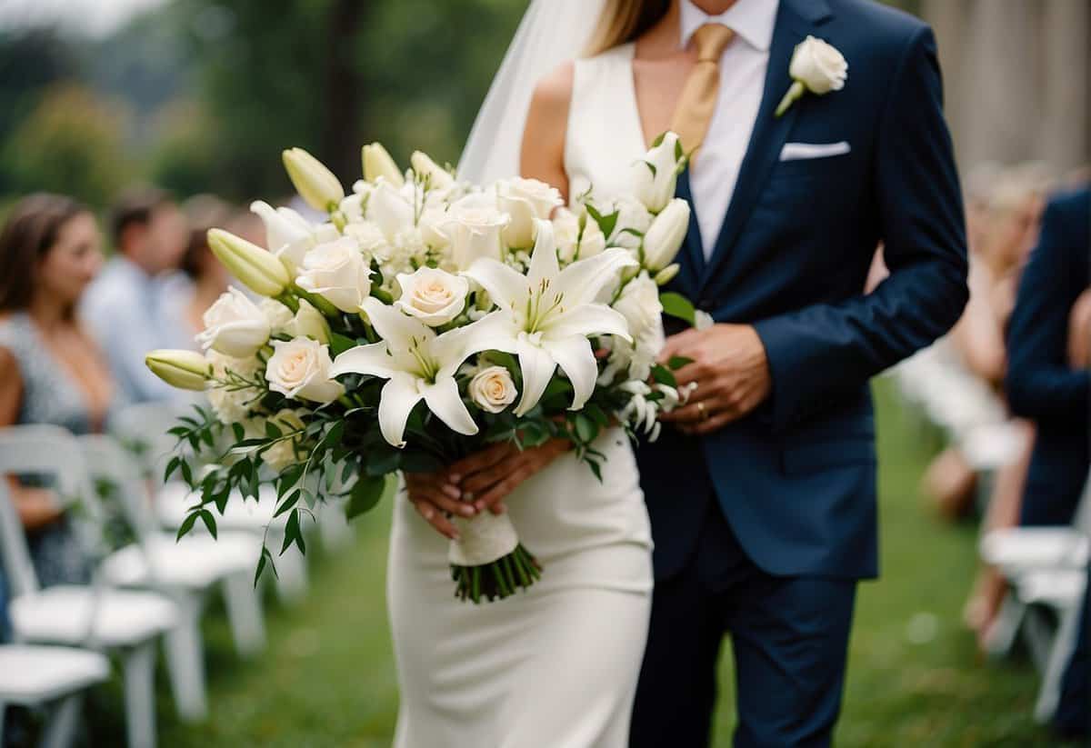 The mother of the bride carries a bouquet of white lilies and roses down the aisle