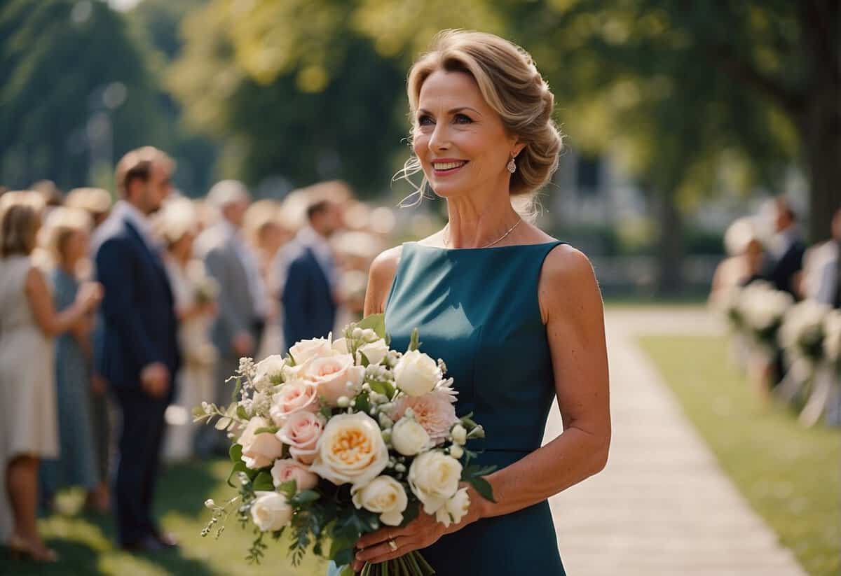 The mother of the bride carries a bouquet of flowers down the aisle