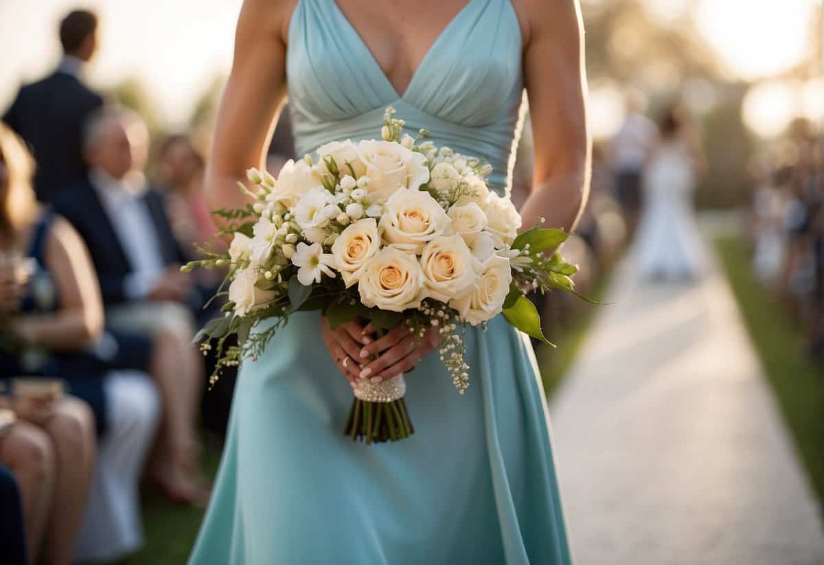 The mother of the bride carries a delicate bouquet of flowers down the aisle, her attire adorned with elegant jewelry and a stylish clutch in her hand