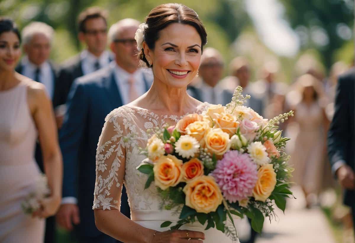 The mother of the bride carries a delicate bouquet of vibrant flowers down the aisle