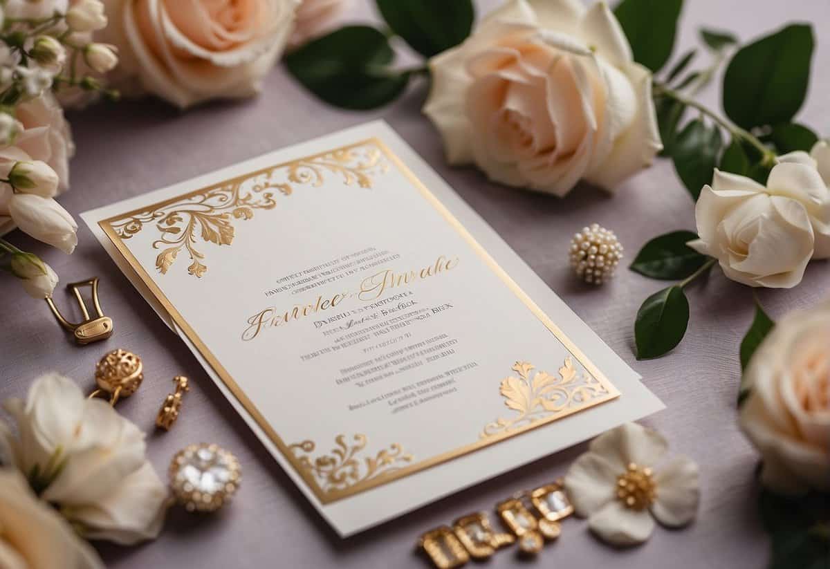 A wedding invitation with a slot for cash gifts, surrounded by elegant decorations and flowers