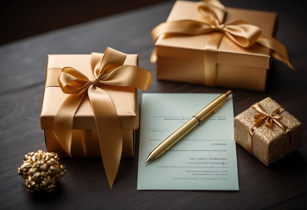 A gift box with a ribbon tied around it, a wedding invitation, and a blank check with a pen next to it