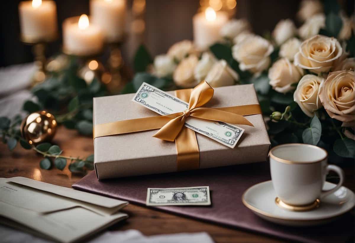 A gift box with a cash envelope and a checkbook on a table with a wedding card and floral decorations