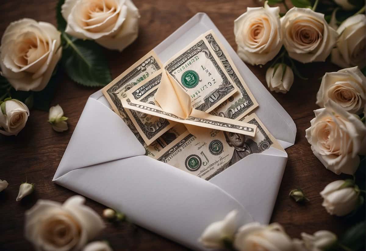 A decorative envelope with cash and a check, surrounded by flowers and wedding decor