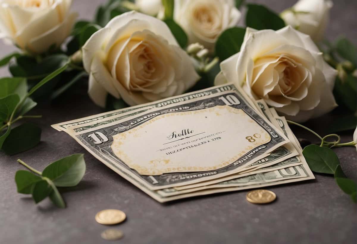 A wedding card with cash inside, surrounded by floral decorations and a congratulatory message