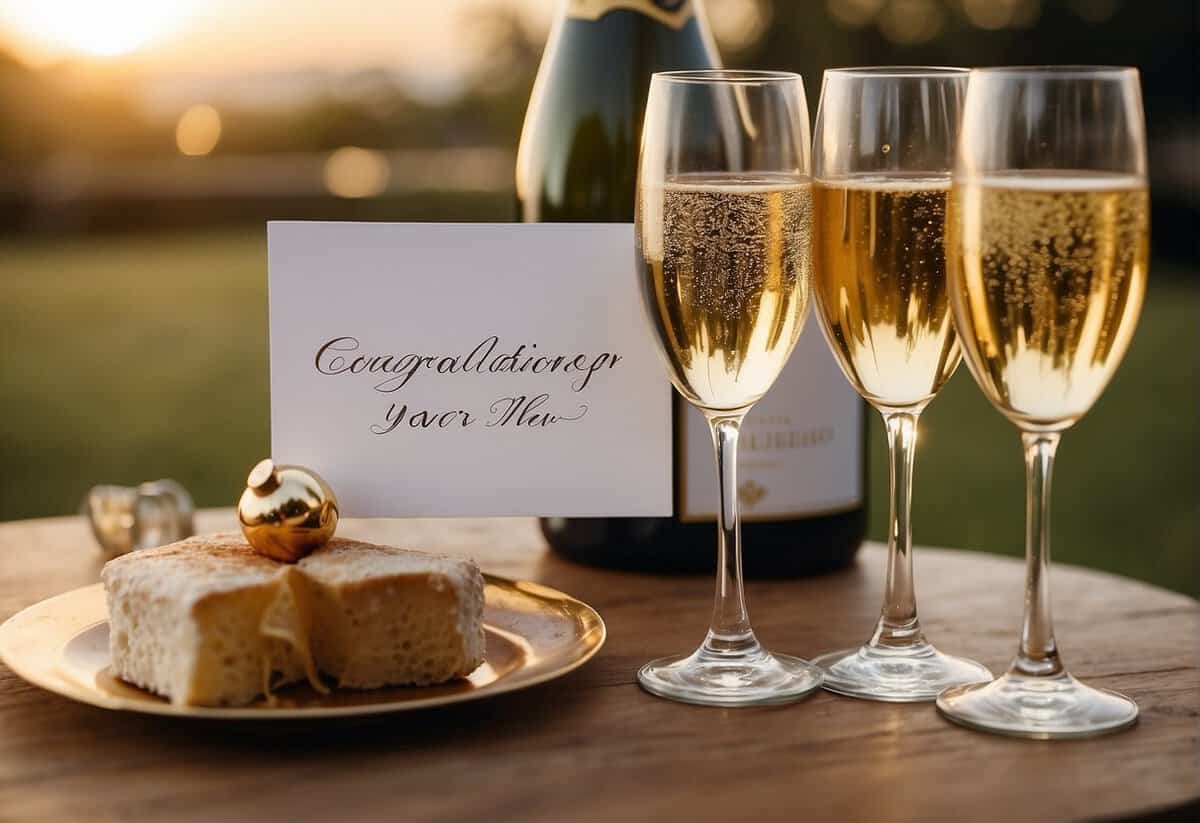 A bottle of champagne and two glasses on a beautifully decorated table with a card that reads "Congratulations on your new journey together!"