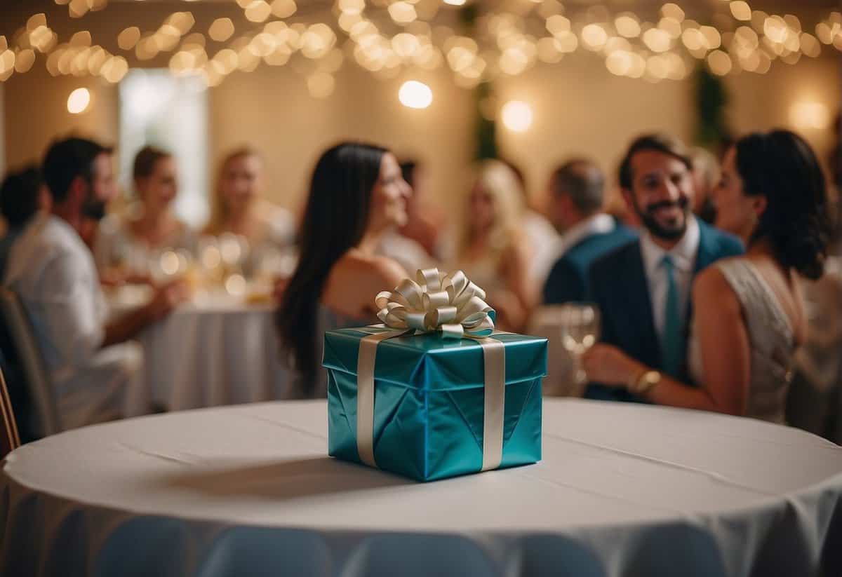 A wrapped gift sits on a table at a wedding reception, surrounded by other gifts. Guests chat and laugh in the background
