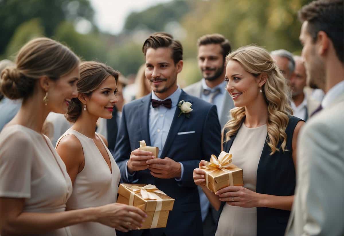 Guests at a wedding, some holding gifts, others empty-handed, conversing and looking uncertain