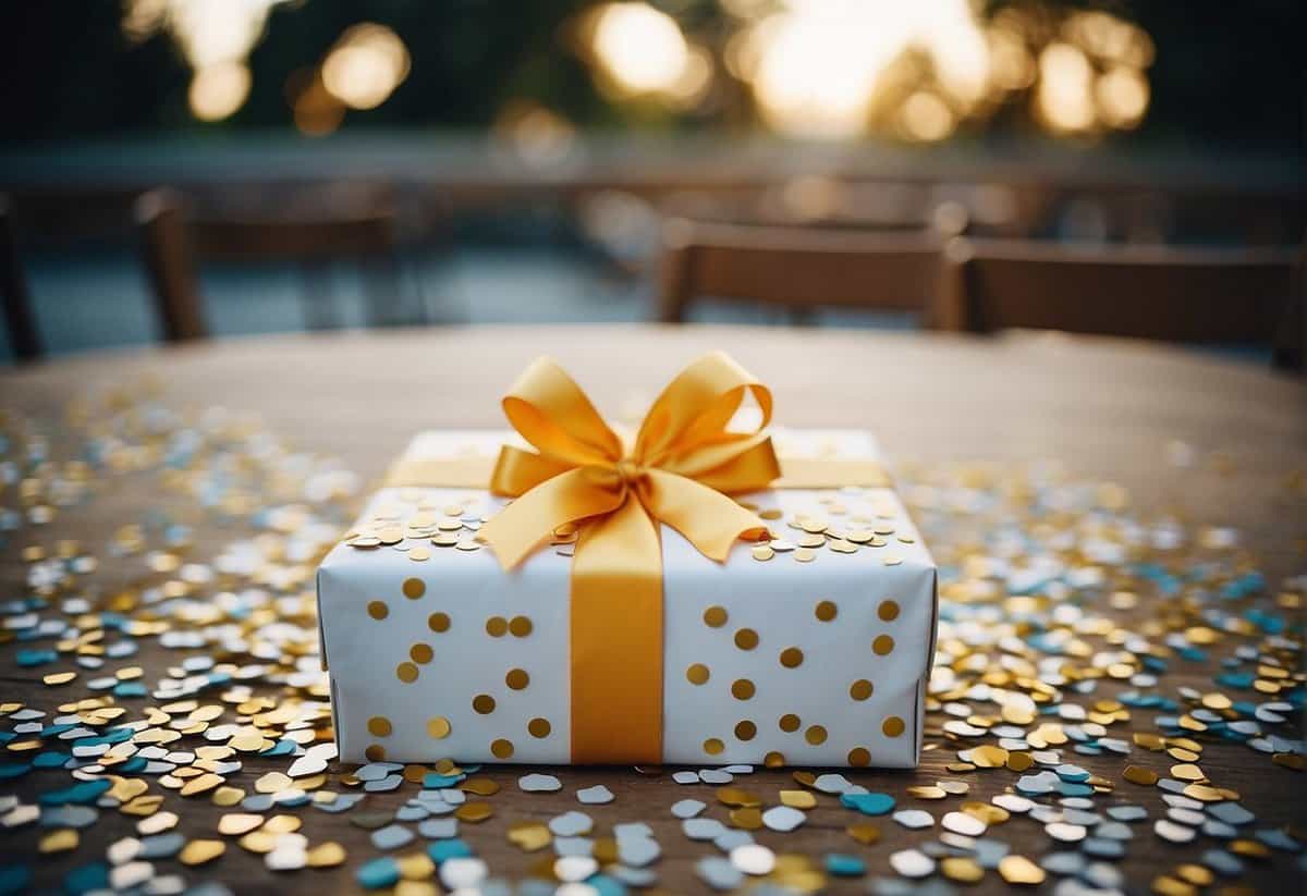A wedding gift sits unopened on a table, surrounded by empty chairs and scattered confetti