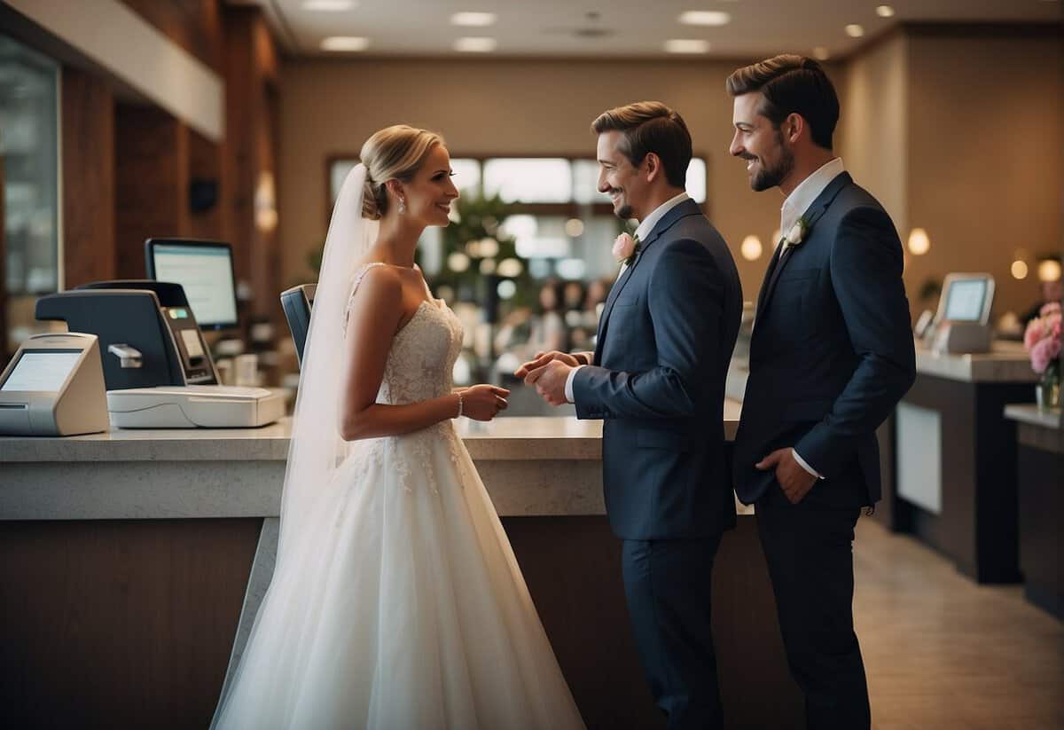 A bride and groom stand at a payment counter, discussing wedding costs and payment options with the clerk