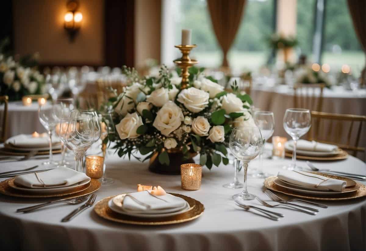 A table set for a wedding reception, with multiple place settings and elegant decor