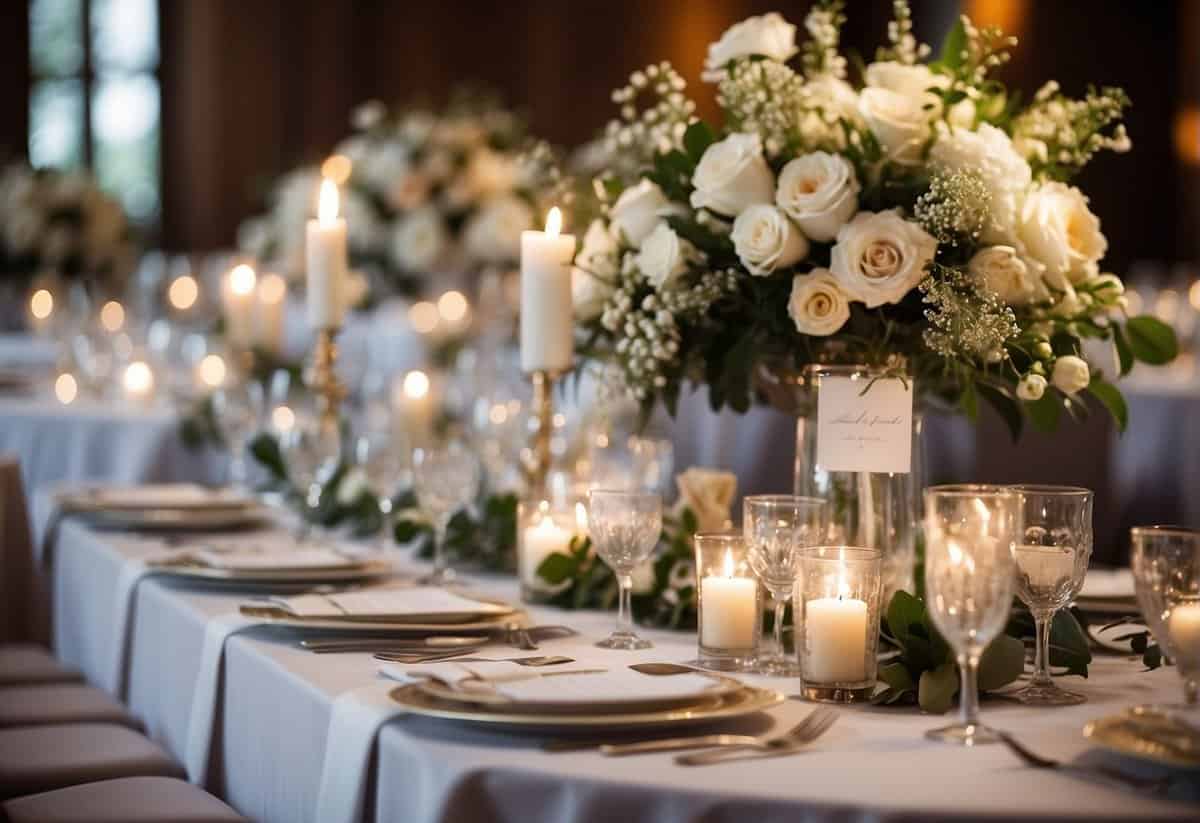 A table with a seating chart, floral centerpieces, and varying table sizes to represent different guest counts for a wedding