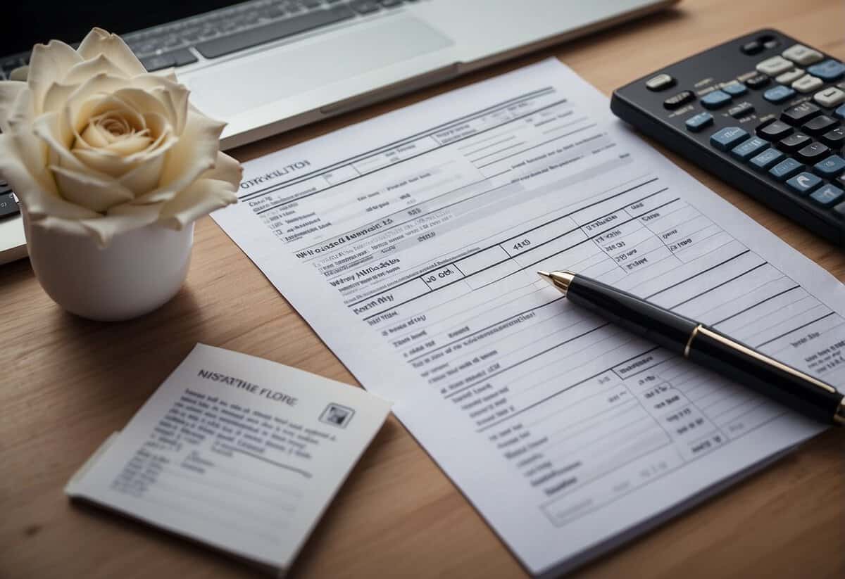 A table with a wedding invitation, budgeting spreadsheet, and a calculator. A pen hovers over the spreadsheet, indicating planning and decision-making