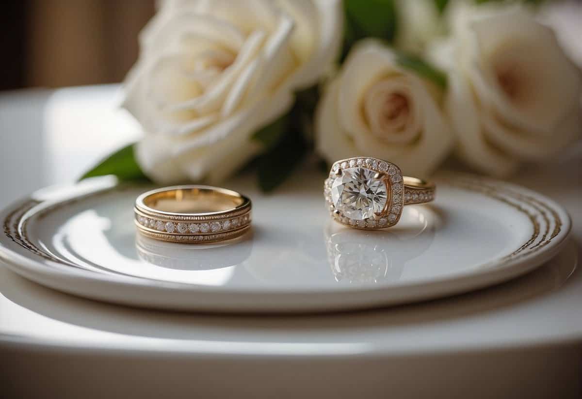 A wedding ring placed on a table, with two chairs facing each other, symbolizing a private marriage ceremony