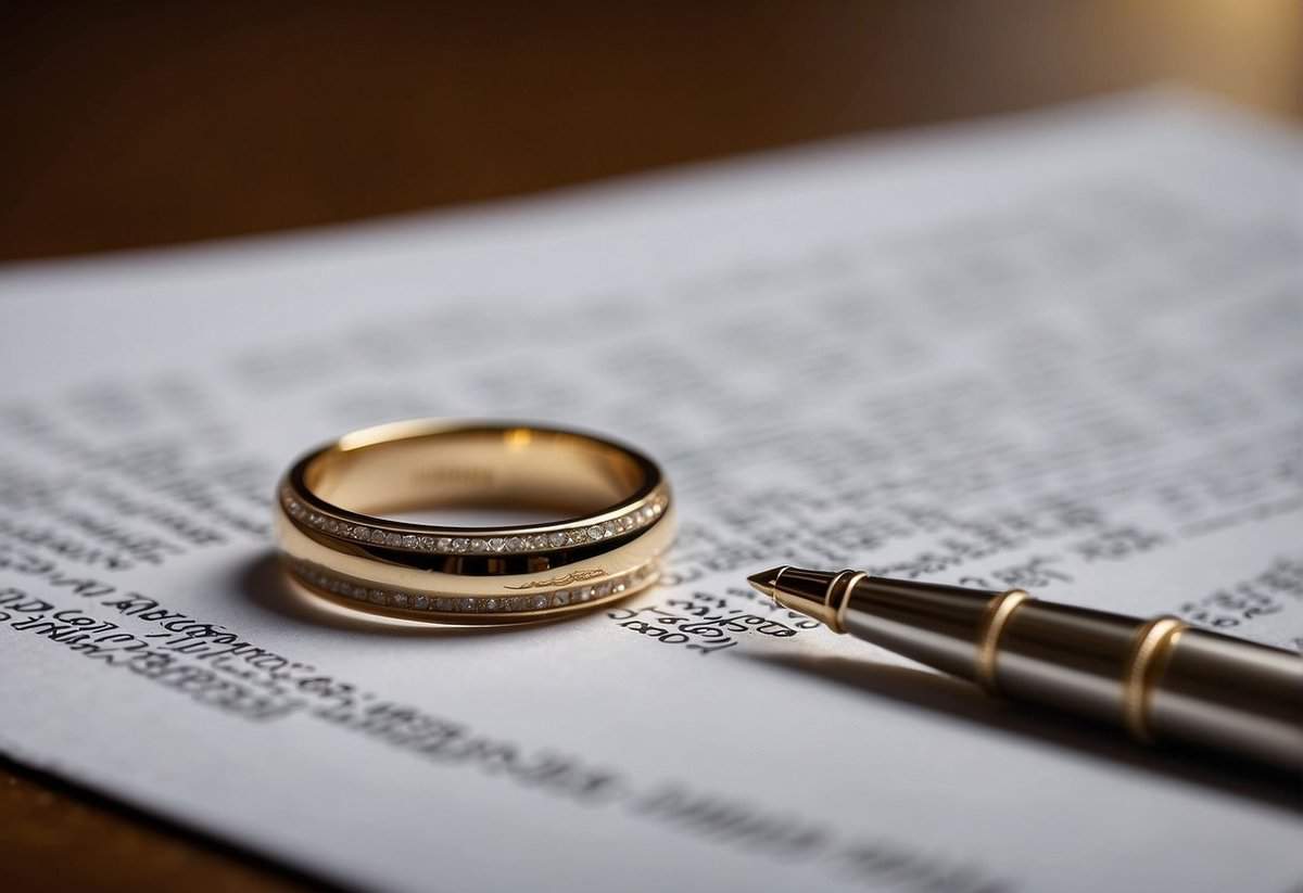 A wedding ring sits on a table next to a legal document. A pen hovers above the paper, signifying the decision to marry without a ceremony