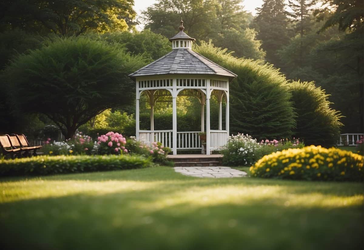 A picturesque outdoor setting with a lush green lawn, blooming flowers, and a charming gazebo, perfect for a wedding ceremony