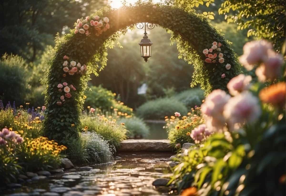 A serene garden with a wedding arch, surrounded by trees and flowers. A small stream flows nearby, and bird feeders attract colorful birds