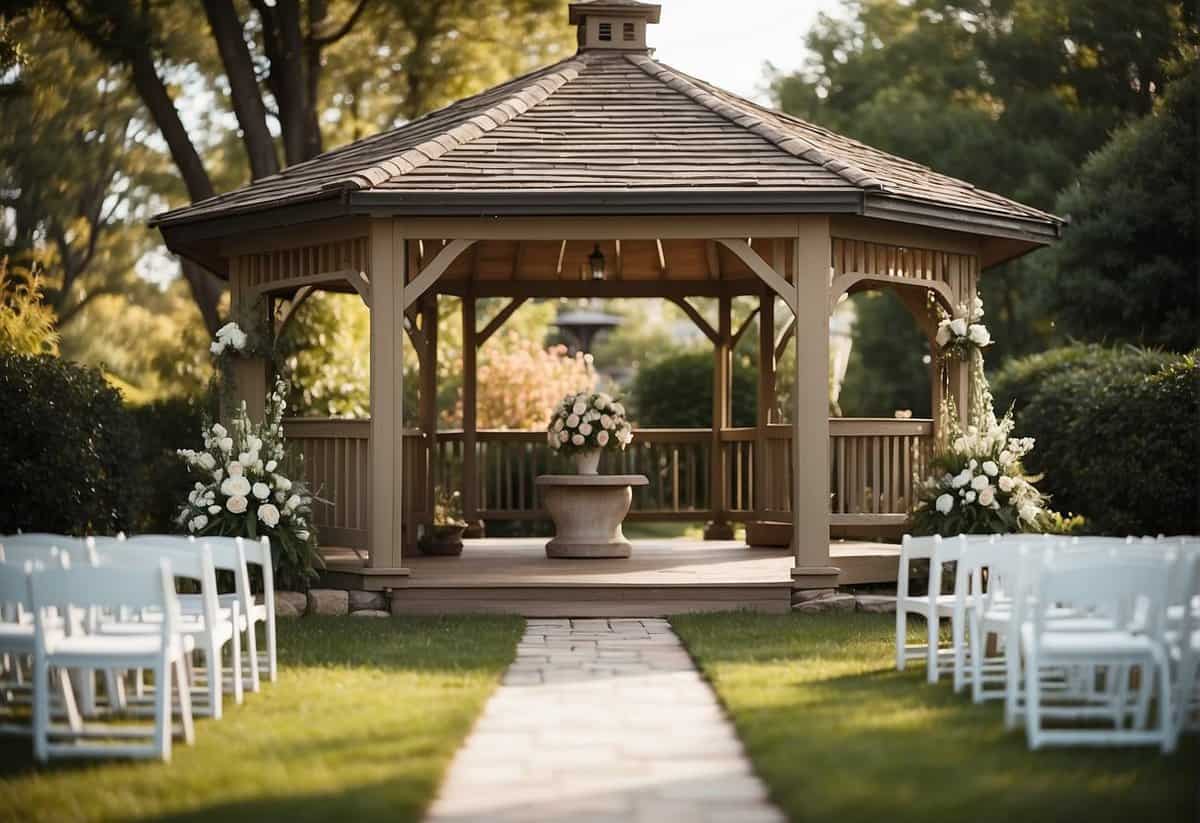 A picturesque backyard with a gazebo and floral decorations, set up for a wedding ceremony. A sign with "Frequently Asked Questions" can be seen nearby
