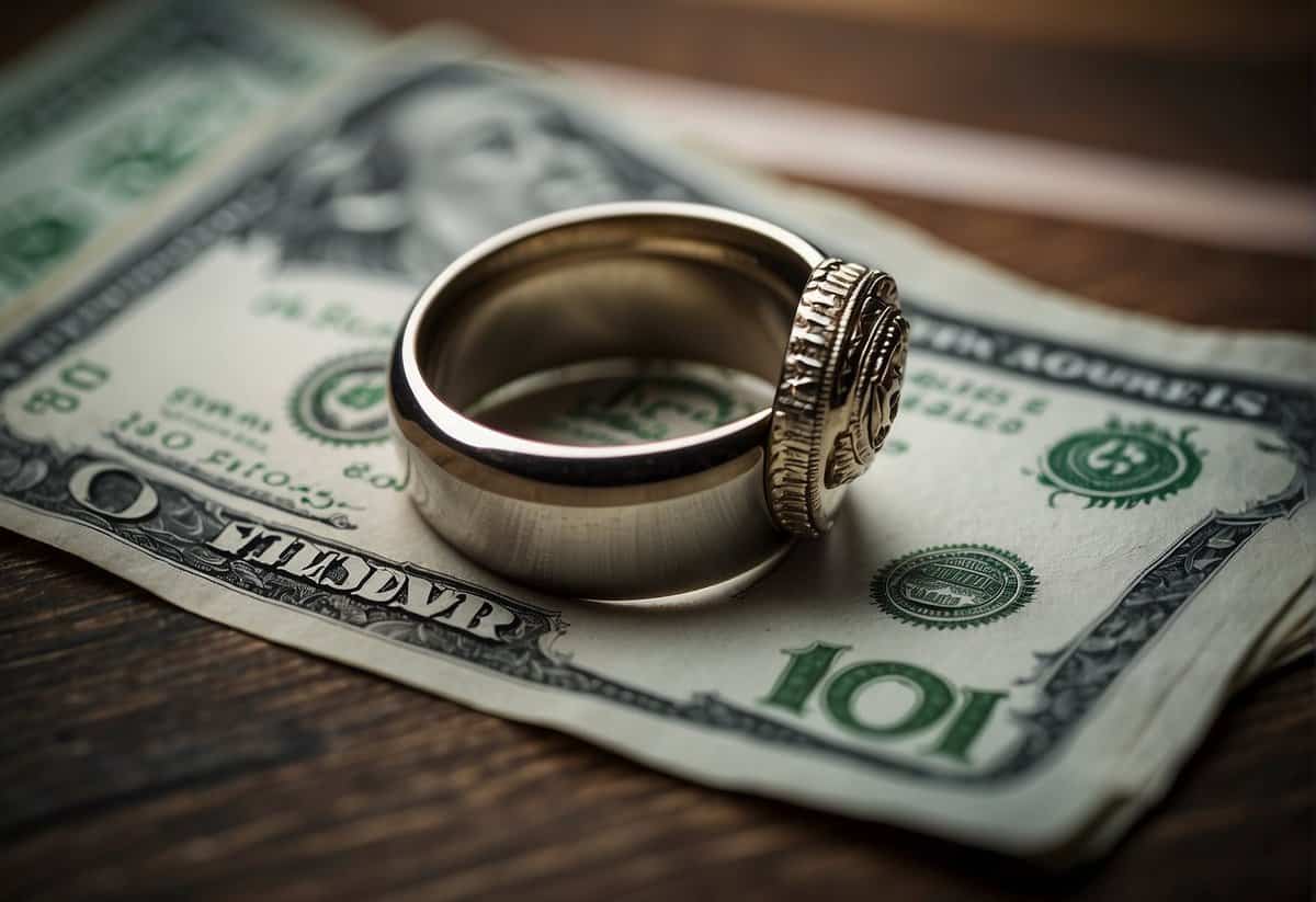 A wedding ring next to a stack of bills and a growing savings account