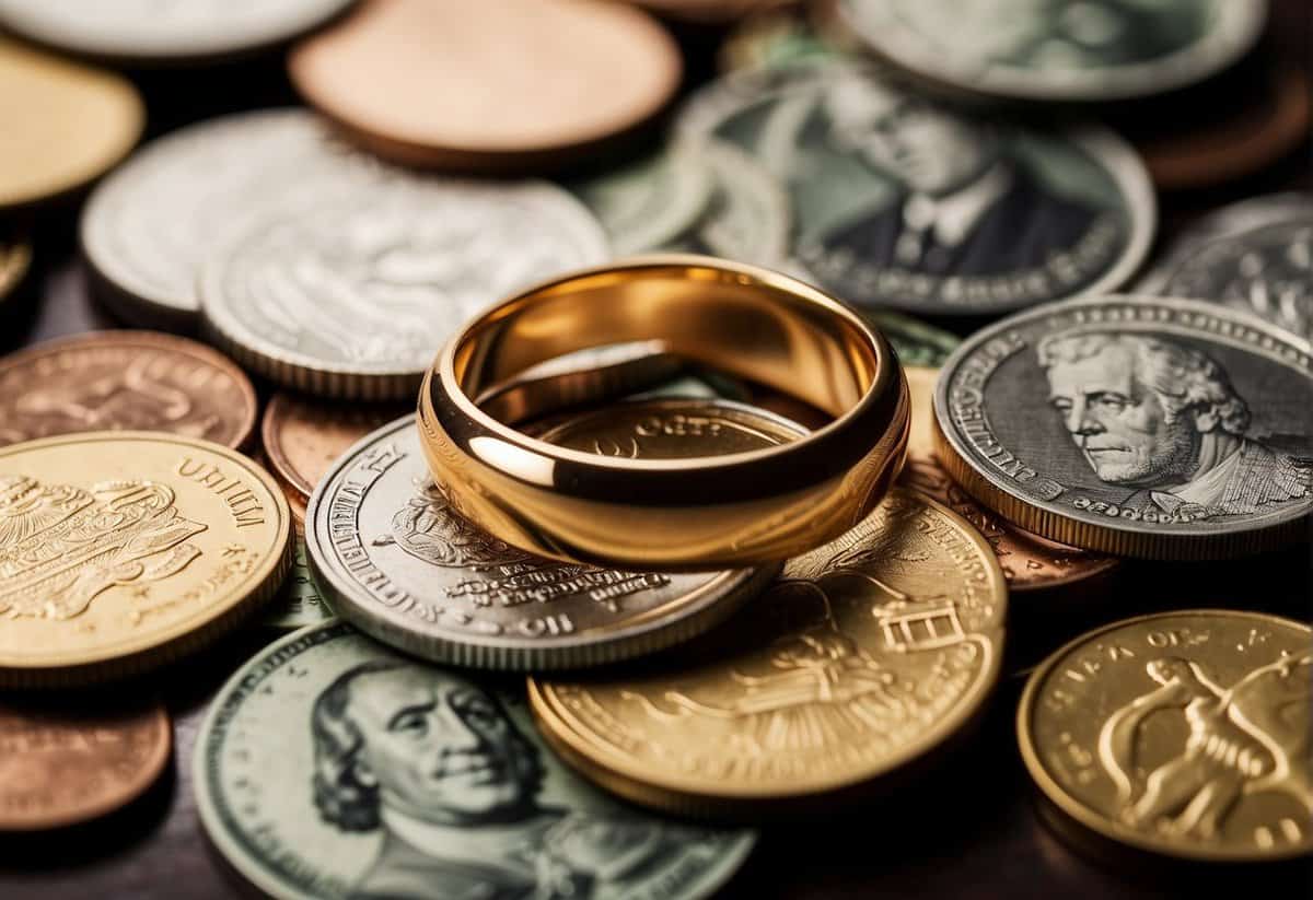 A golden wedding ring rests on a pile of coins and dollar bills, symbolizing the financial benefits of marriage and wealth accumulation