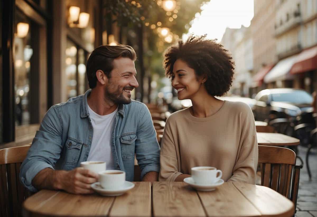 A couple sitting at a cafe, smiling and engaged in deep conversation, with a warm and comfortable atmosphere around them