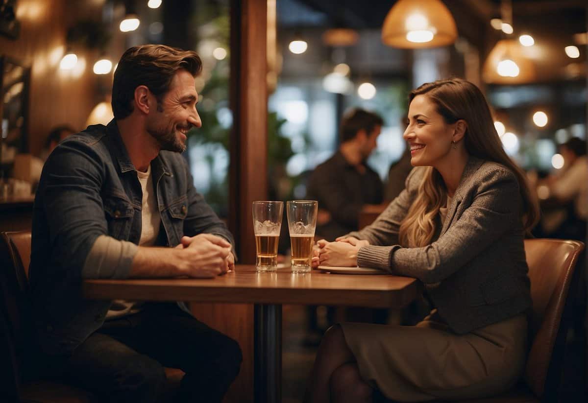 A couple sits at a cozy cafe table, leaning in and engaged in deep conversation. The woman gestures animatedly while the man listens intently, their body language showing genuine interest and connection