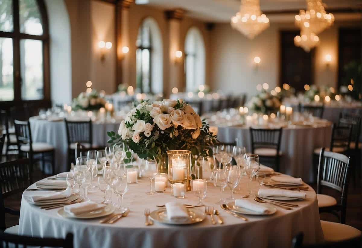 A wedding venue with tables set for a large number of guests, floral centerpieces, and elegant place settings
