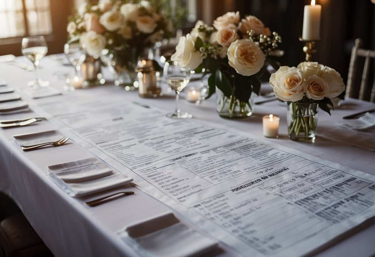 A table with a spreadsheet showing costs for a UK wedding, with columns for guest count and budget considerations