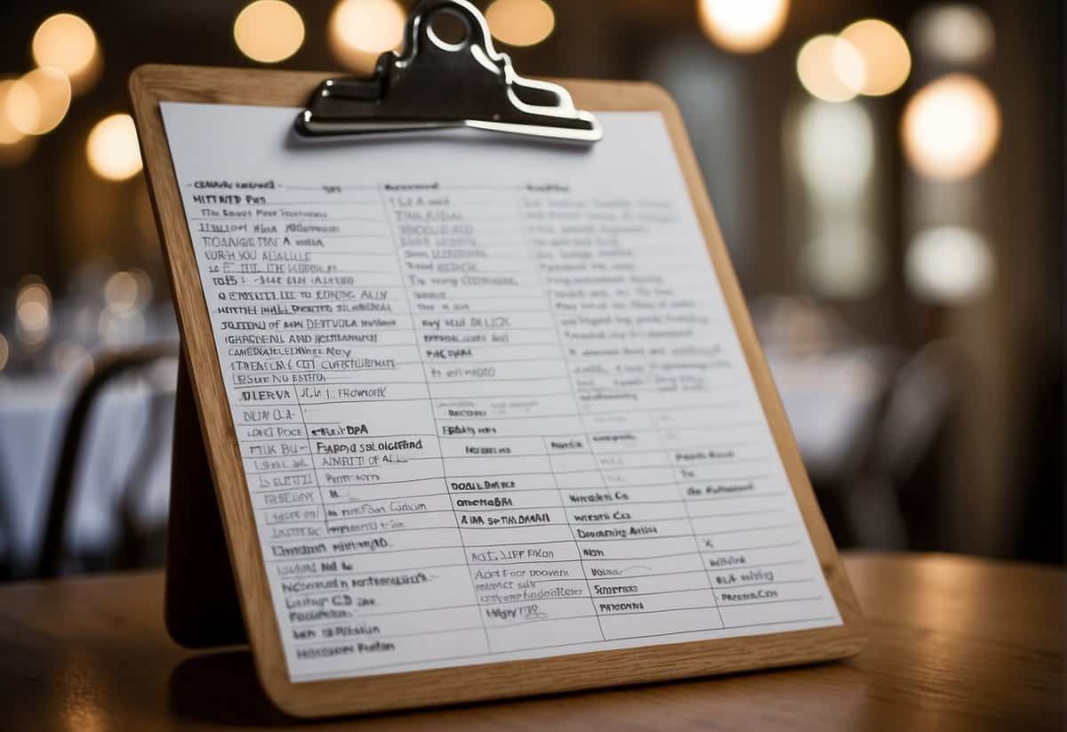 A clipboard with a neatly organized list of names and table assignments for a UK wedding