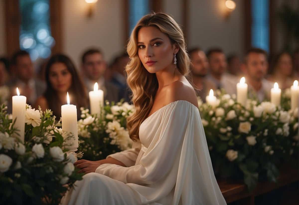 A woman in a flowing gown sits gracefully in the front row at a wedding, surrounded by flowers and soft candlelight