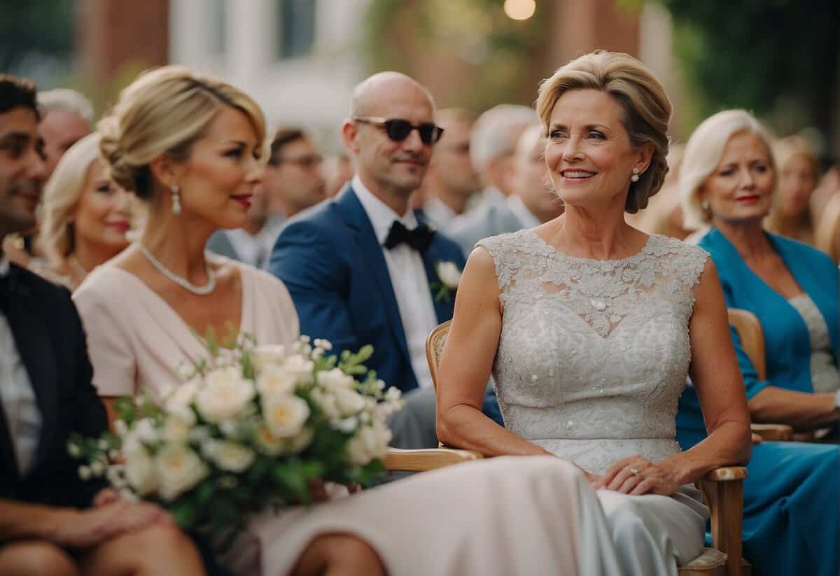 The mother of the bride is seated first, followed by the mother of the groom, in the front row of the ceremony seating
