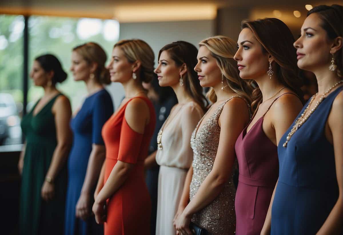 A group of women standing in line, waiting to be seated at a wedding